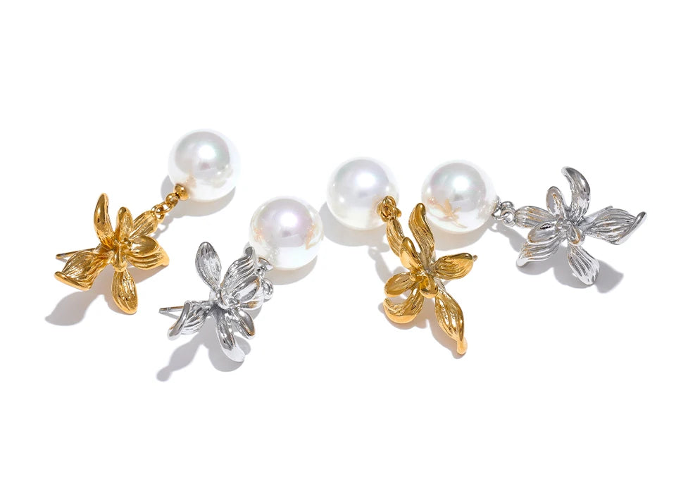 Flower Pearl Shiny Drop Earrings - Ecru