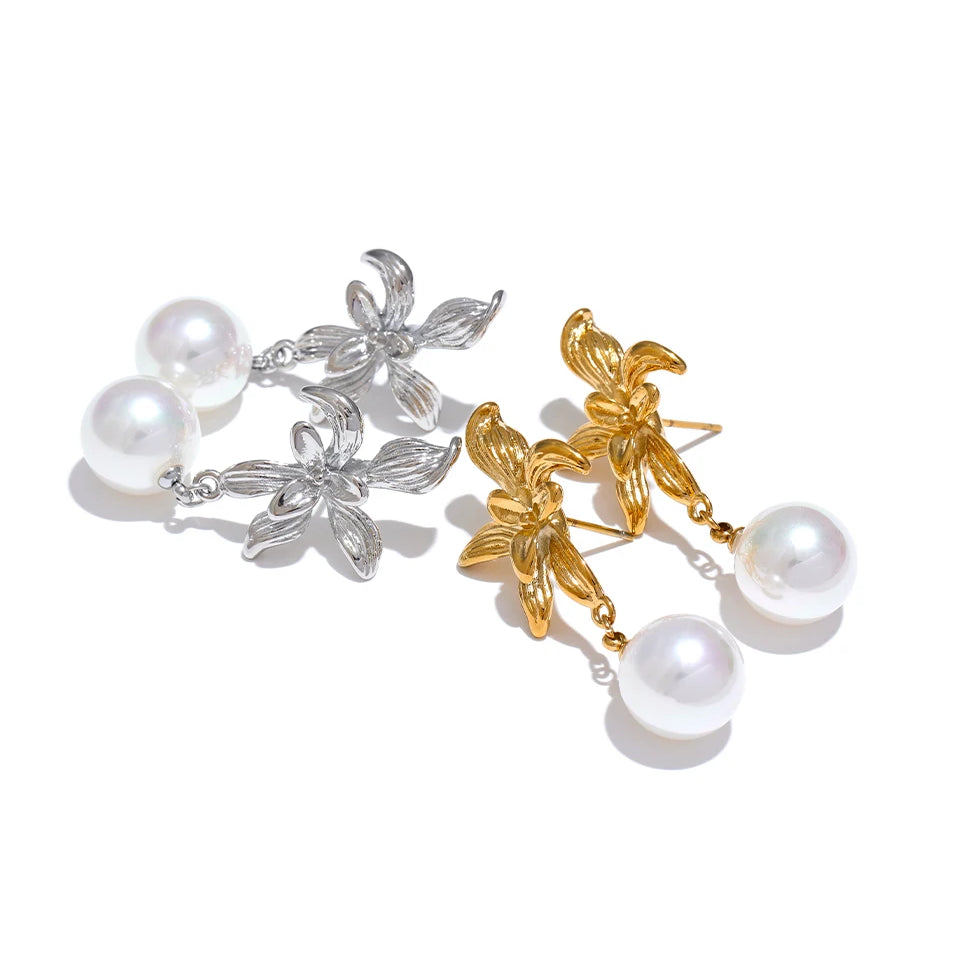 Flower Pearl Shiny Drop Earrings - Ecru