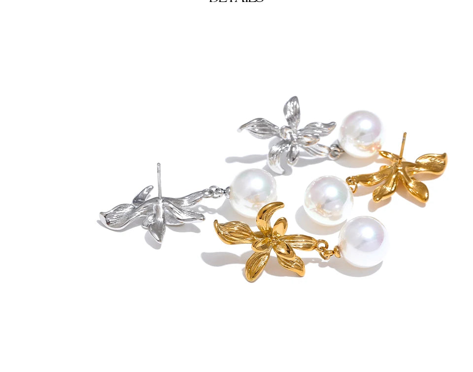 Flower Pearl Shiny Drop Earrings - Ecru
