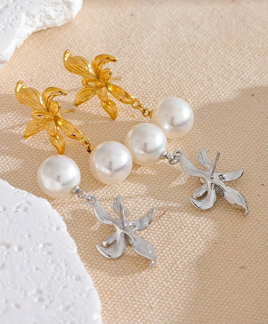 Flower Pearl Shiny Drop Earrings - Ecru