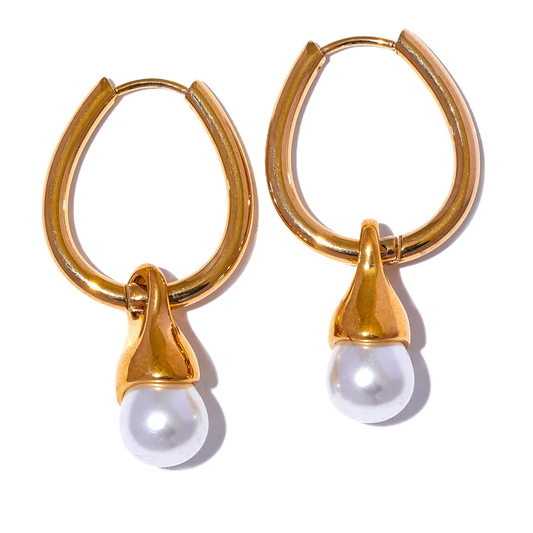 Geometric Imitation Pearls Hoop Earrings - Ecru