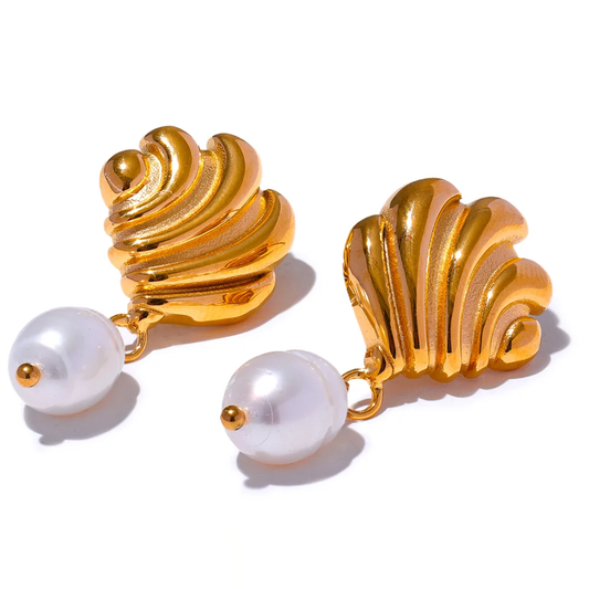 Geometric Natural Pearl Dangle Earrings - Ecru
