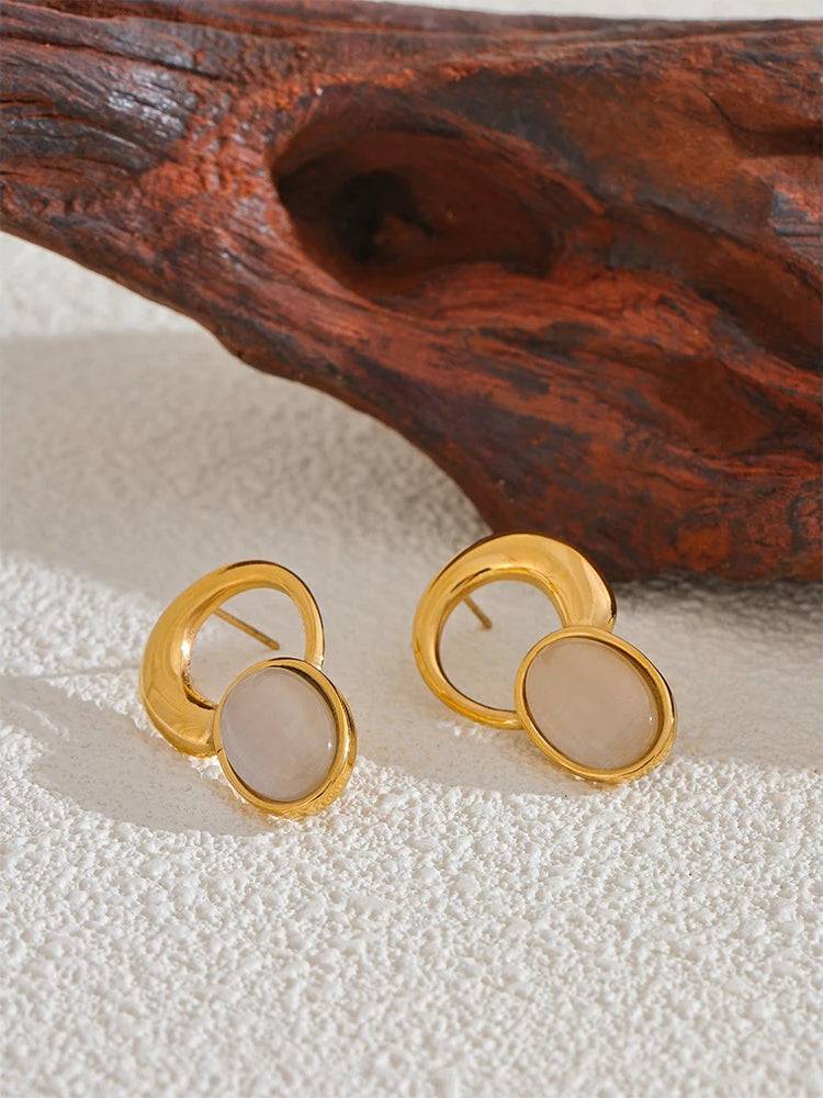 Geometric Natural Stone Stud Earrings - Ecru