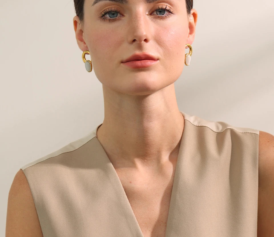 Geometric Natural Stone Stud Earrings - Ecru