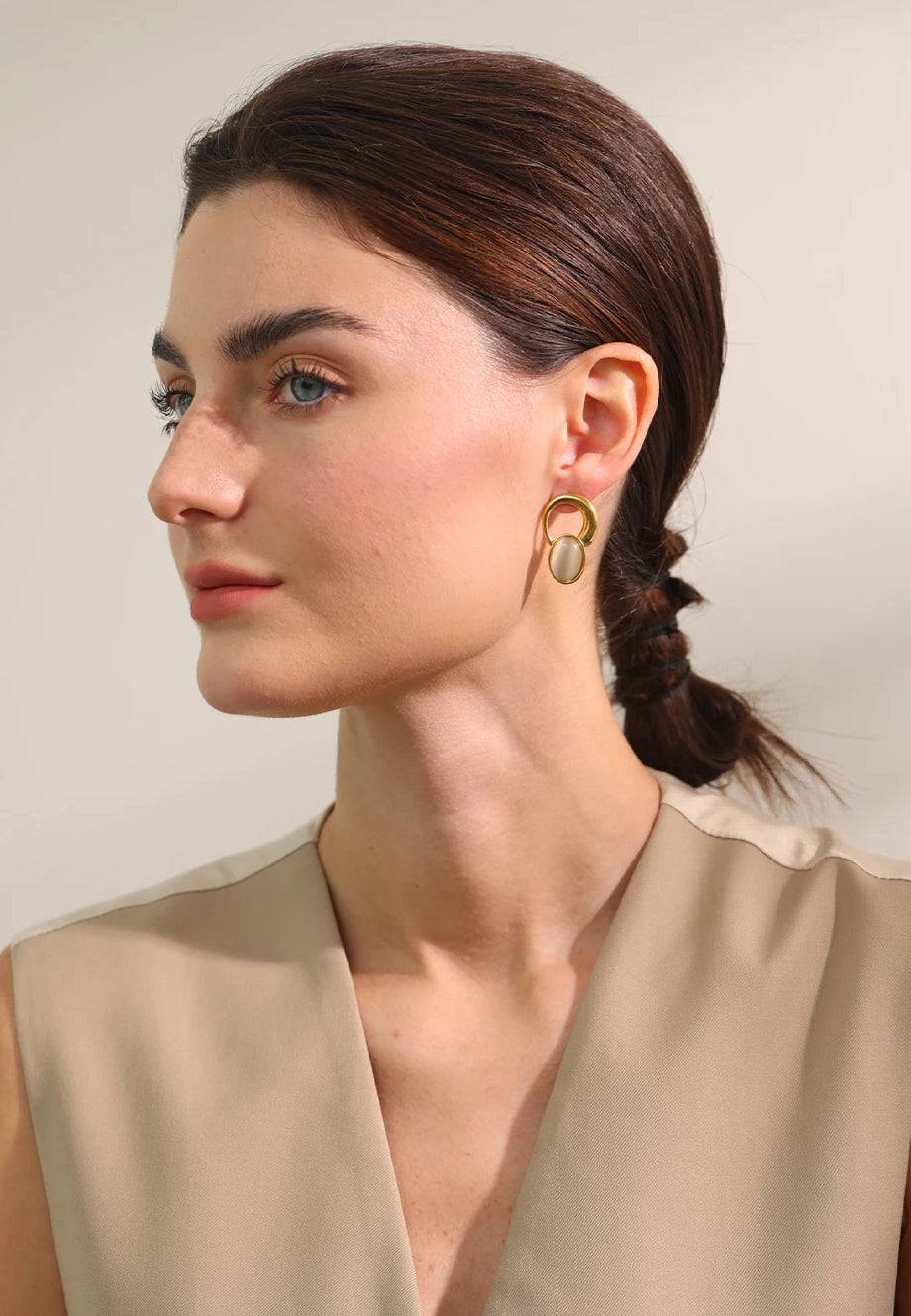 Geometric Natural Stone Stud Earrings - Ecru