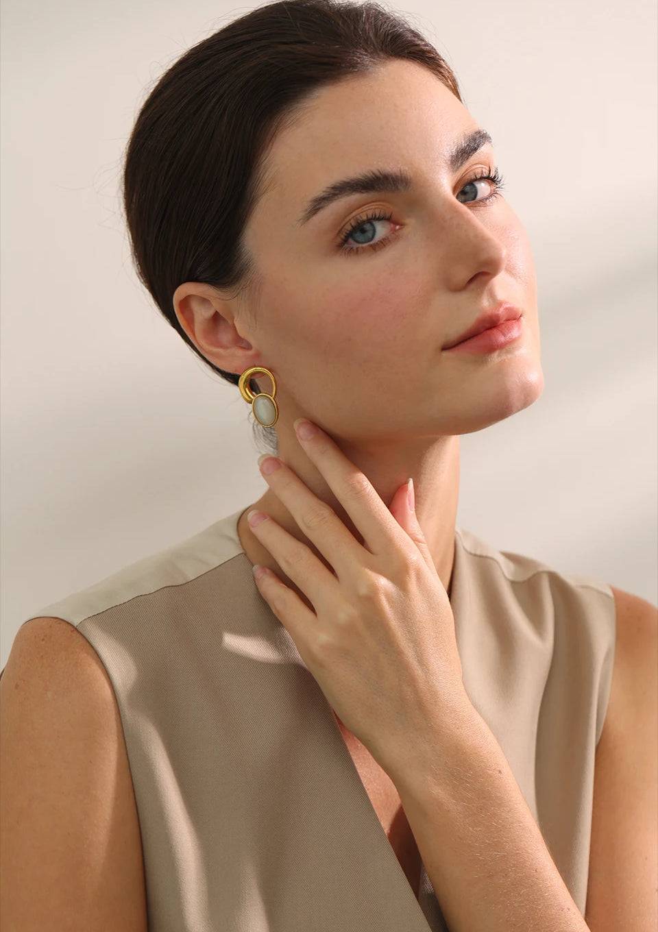 Geometric Natural Stone Stud Earrings - Ecru