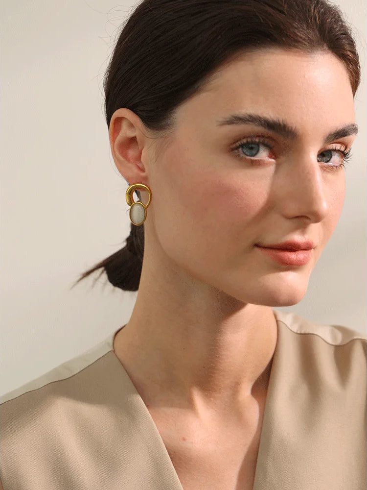 Geometric Natural Stone Stud Earrings - Ecru
