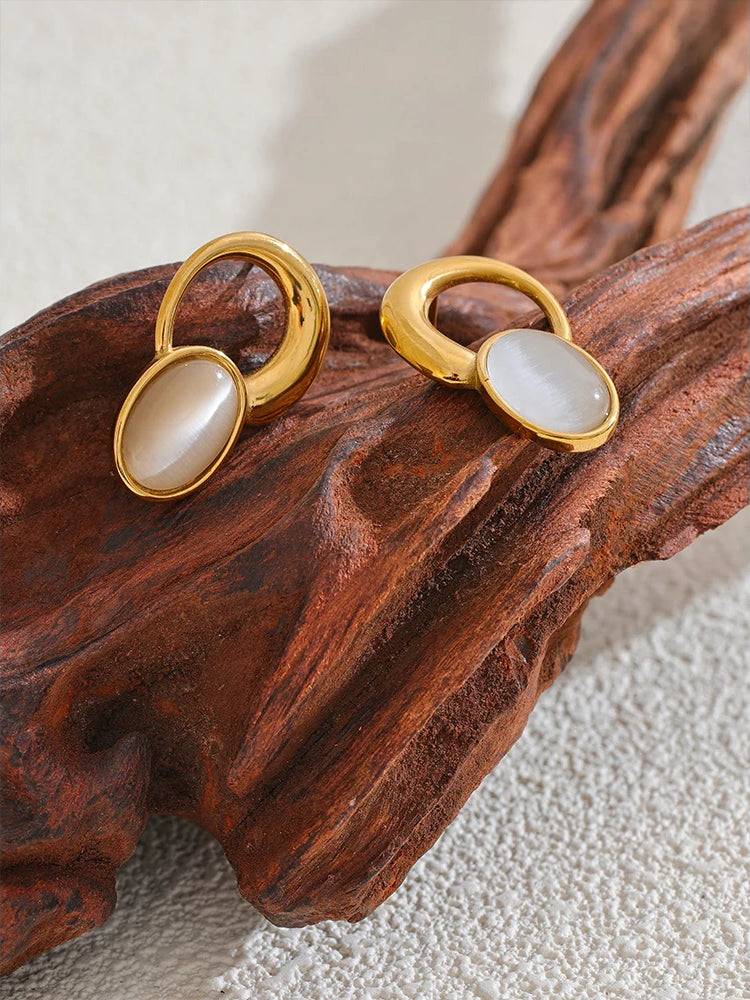 Geometric Natural Stone Stud Earrings - Ecru