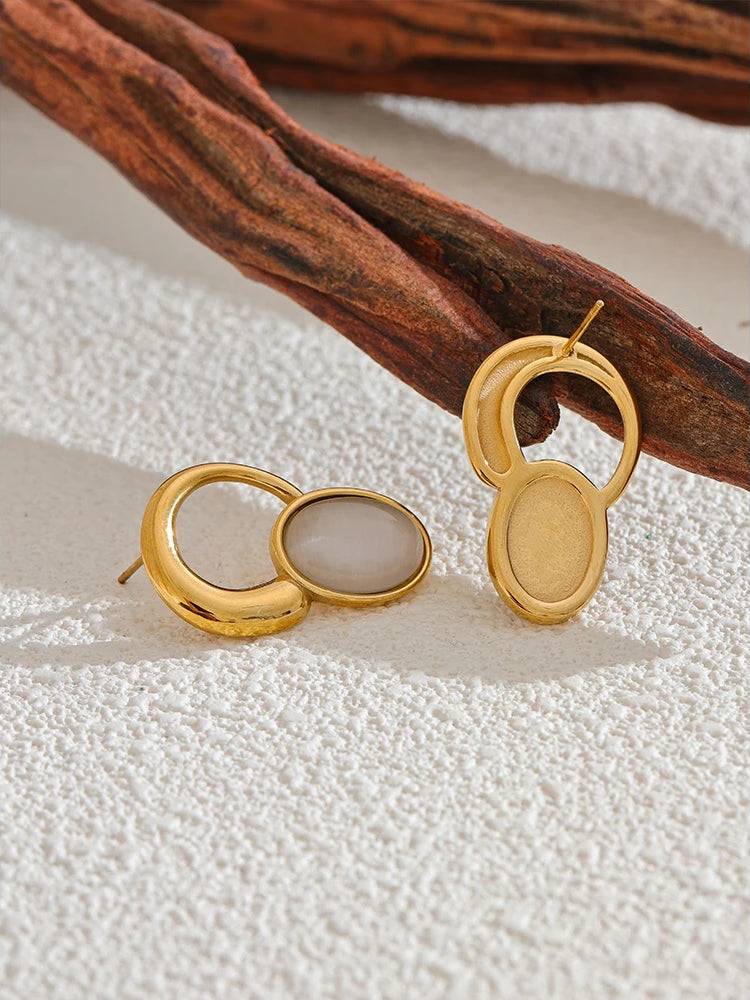 Geometric Natural Stone Stud Earrings - Ecru