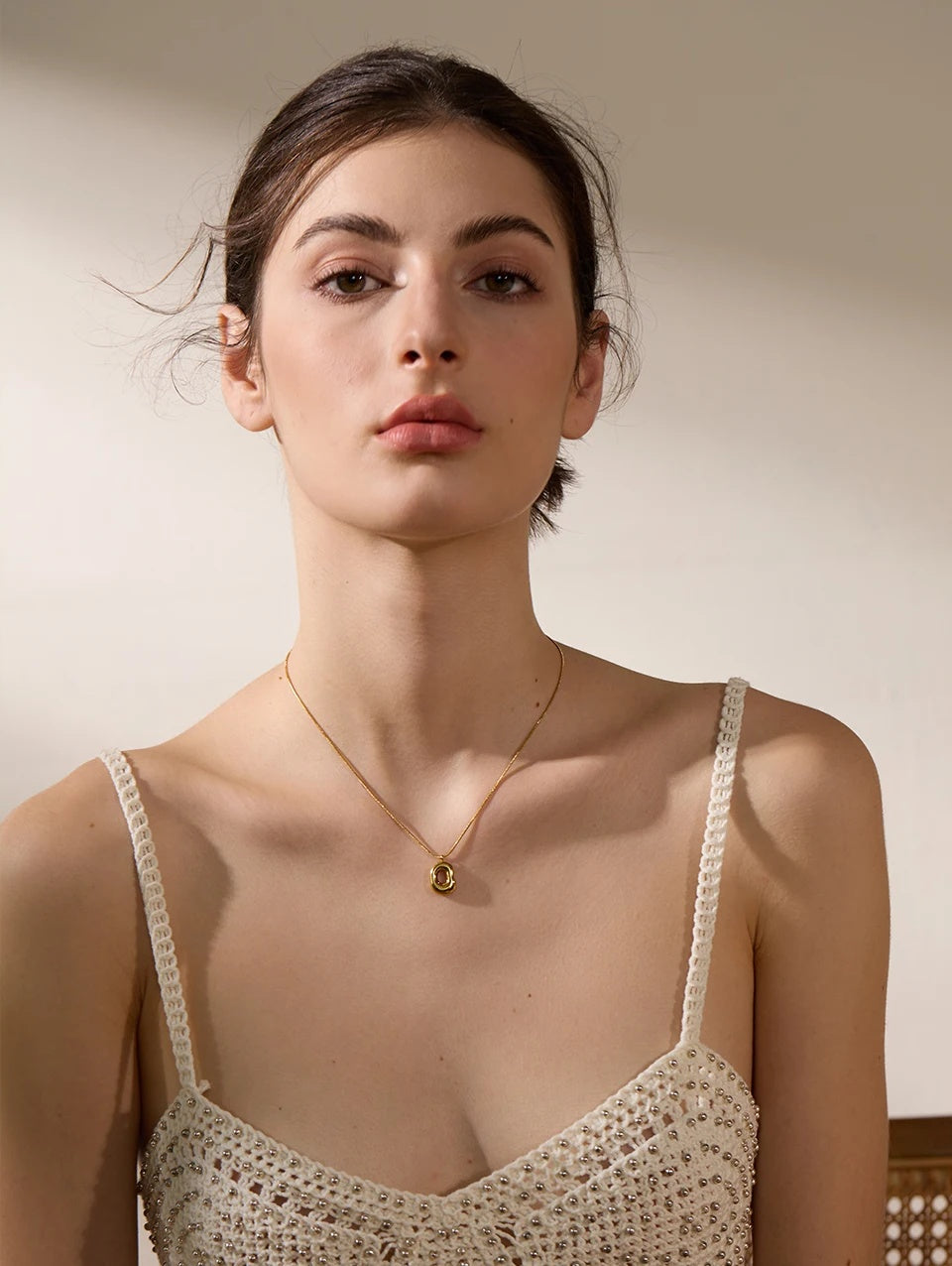 Geometry Hollow Pendant Charm Necklace - Ecru