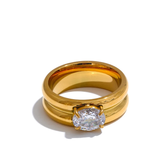 Gold Plated Zircon Statement Ring - Ecru