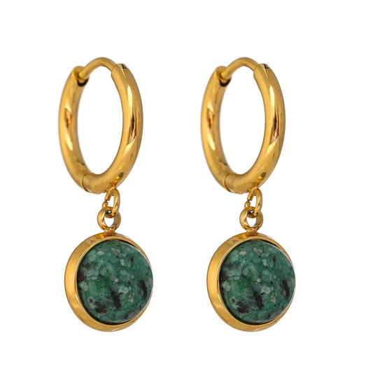 Green Natural Stone Geometric Earrings - Ecru