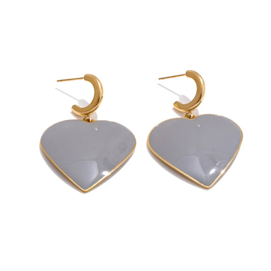 Heart Grey Enamel Drop Earrings - Ecru