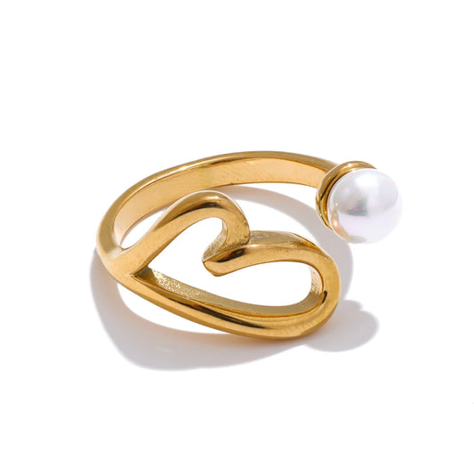 Heart Pearl Adjustable Modern Ring - Ecru