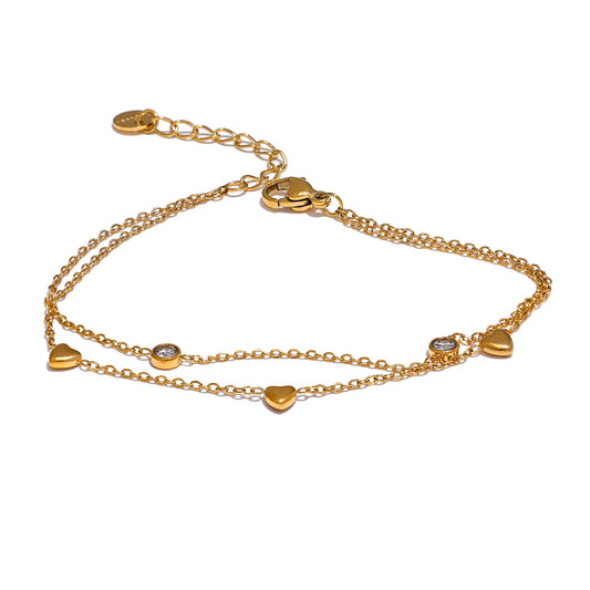 Heart Zircon Layered Charm Bracelet - Ecru