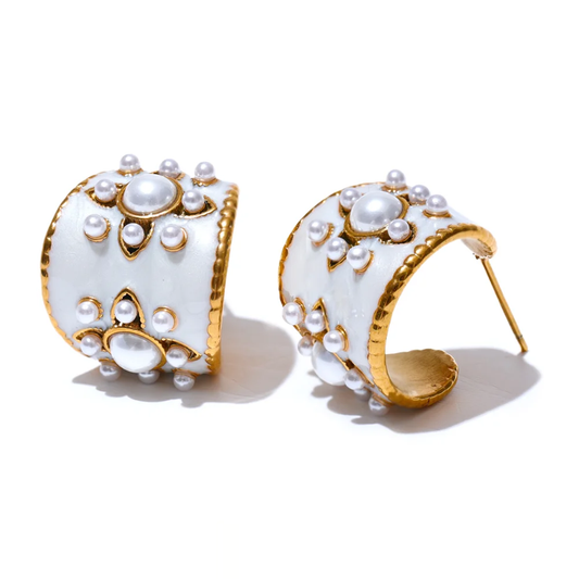 Imitation Pearls Flower Geometric Earrings - Ecru
