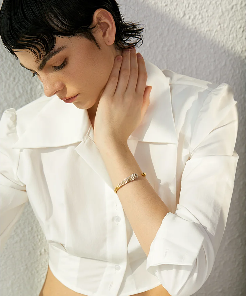 Imitation Pearls Geometric Cuff Bracelet - Ecru