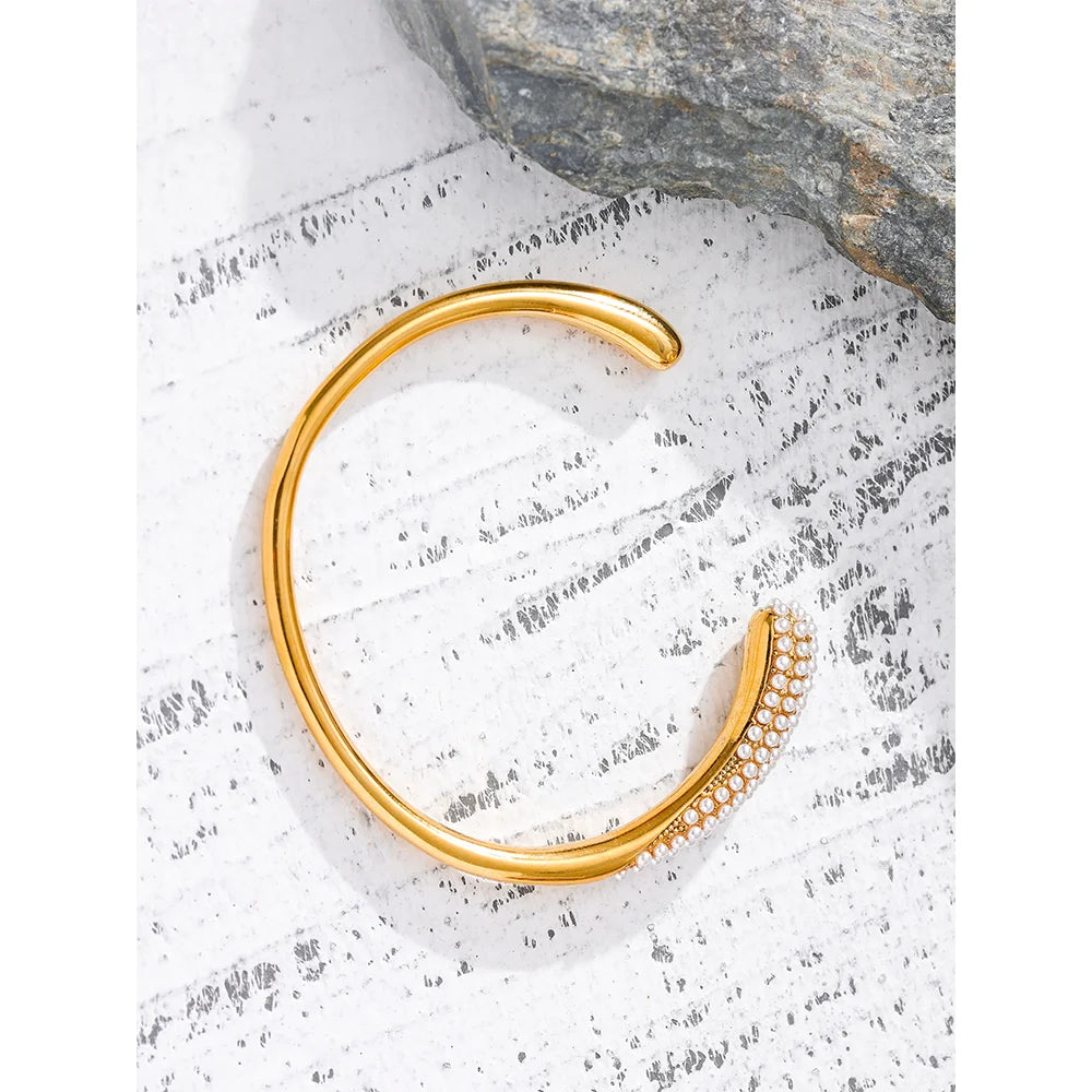 Imitation Pearls Geometric Cuff Bracelet - Ecru