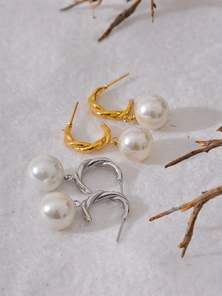 Imitation Pearls Geometric Drop Earrings - Ecru
