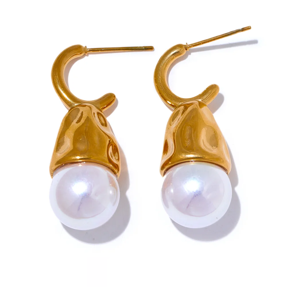 Imitation Pearls Geometric Golden Earrings - Ecru