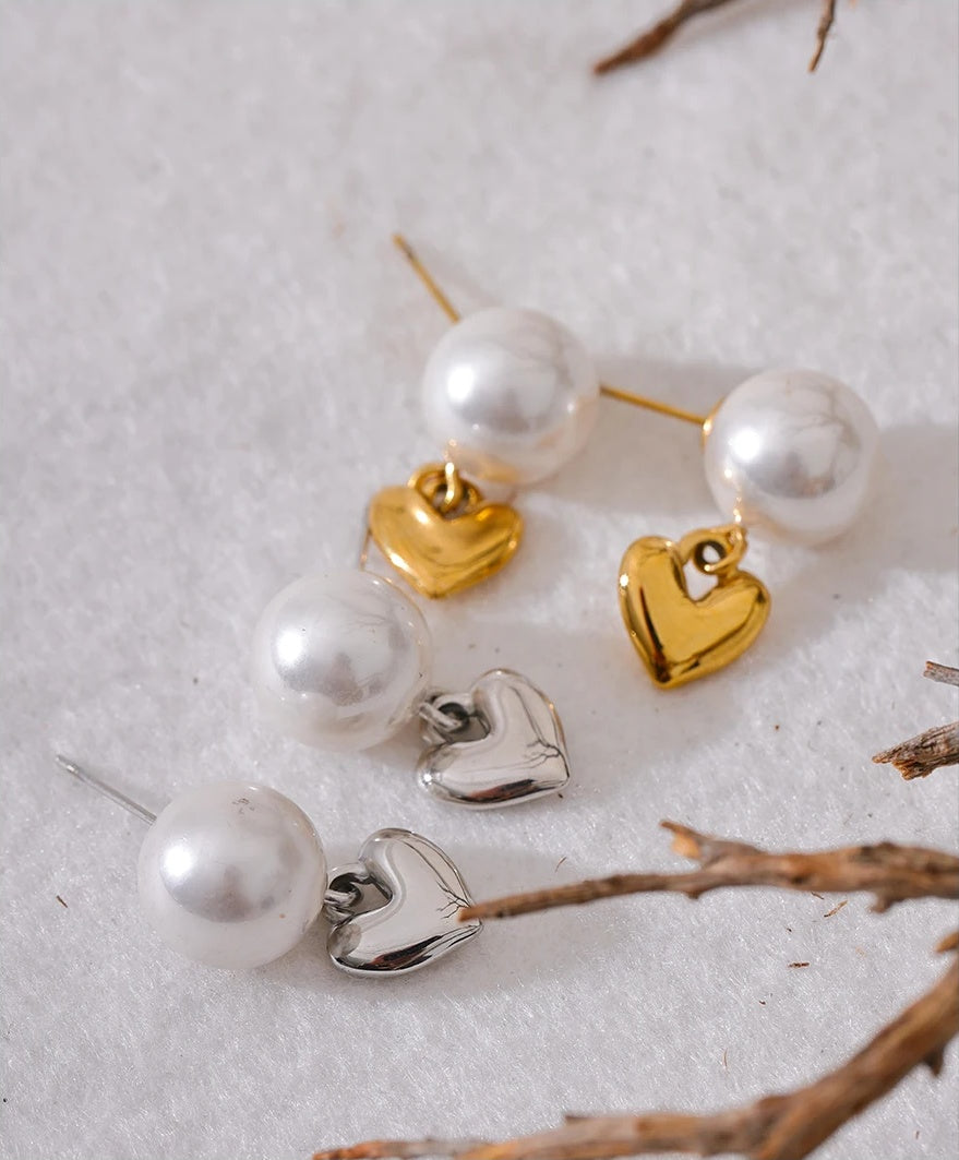 Imitation Pearls Heart Love Earrings - Ecru