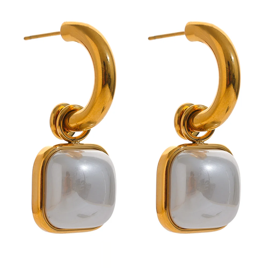 Imitation Pearls Square Drop Earrings - Ecru