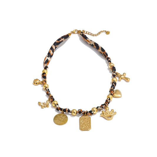 Leopard Print Charm Statement Necklace - Ecru