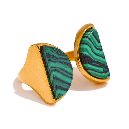 Natural Malachite Stone Wide Ring - Ecru