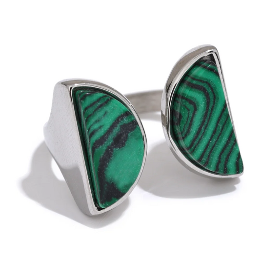 Natural Malachite Stone Wide Ring - Ecru