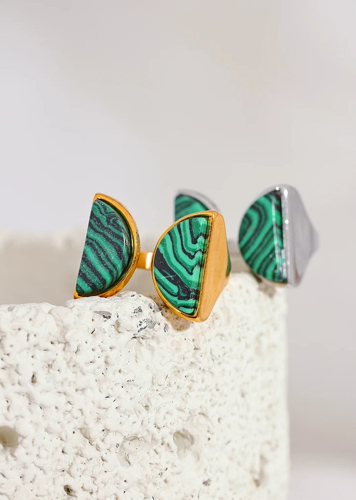 Natural Malachite Stone Wide Ring - Ecru