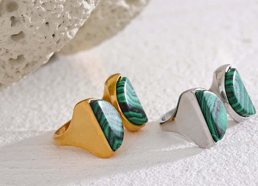 Natural Malachite Stone Wide Ring - Ecru