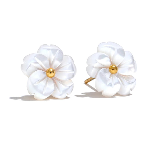 Natural Shell Flower Stud Earrings - Ecru