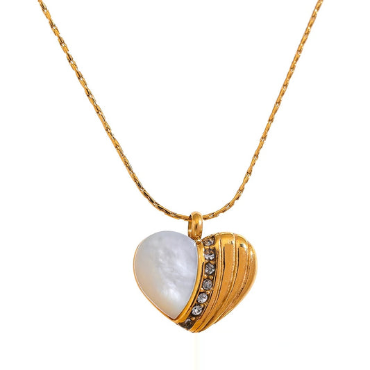 Natural Shell Zircon Heart Necklace - Ecru