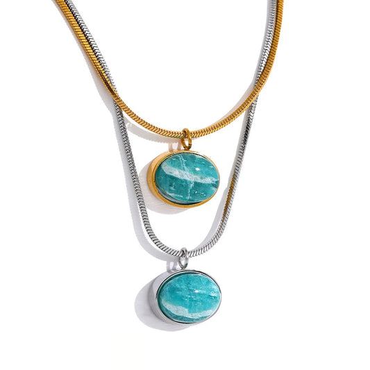 Natural Stone Amazonite Pendant Necklace - Ecru