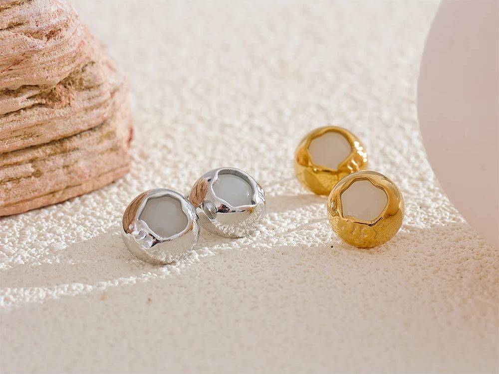 Natural Stone Premium Stud Earrings - Ecru