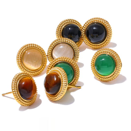 Natural Stone Round Stud Earrings - Ecru