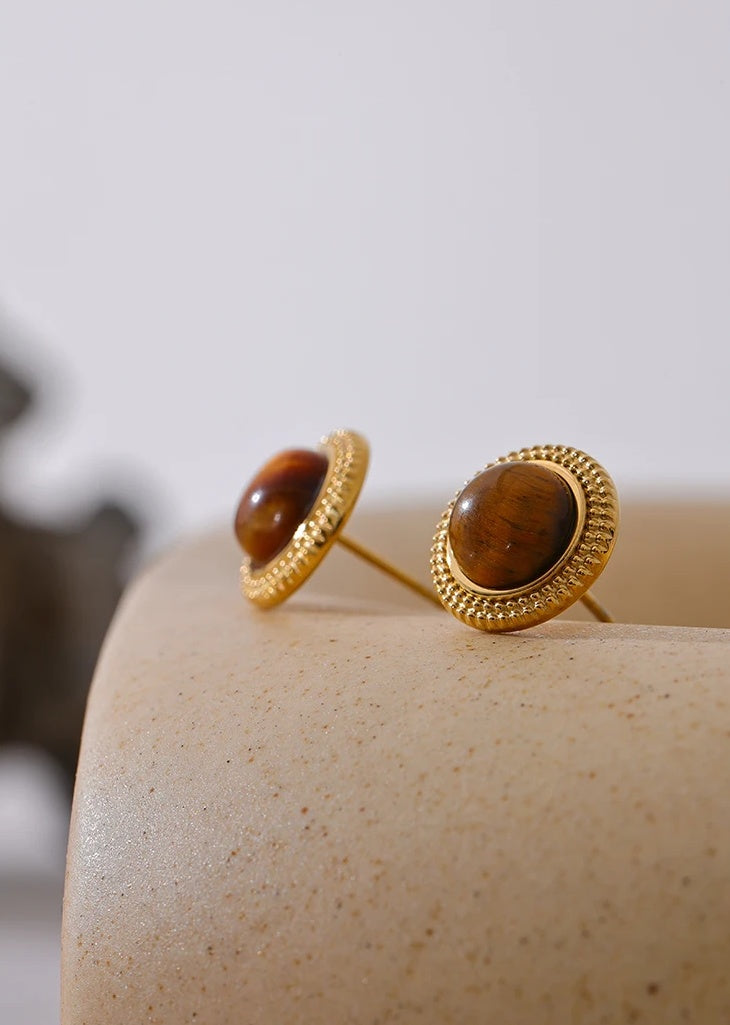 Natural Stone Round Stud Earrings - Ecru