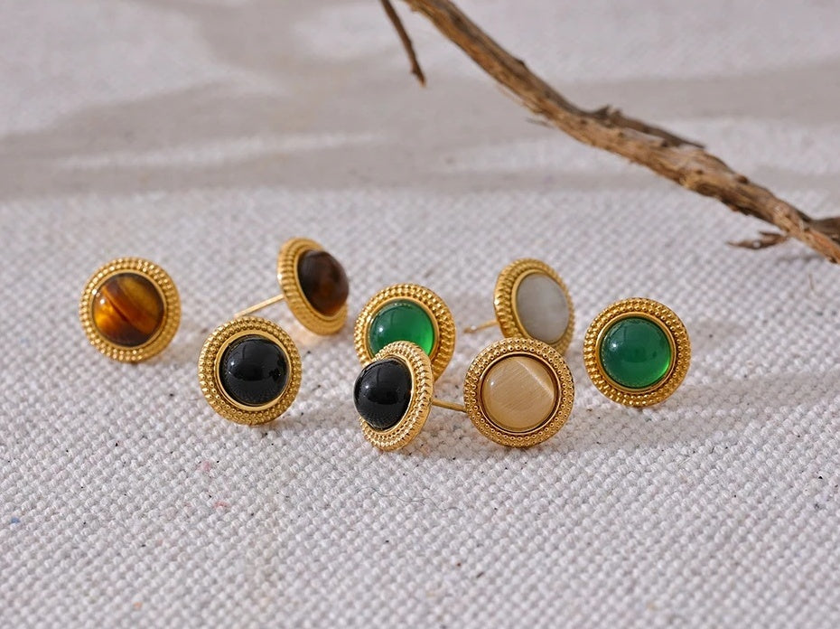 Natural Stone Round Stud Earrings - Ecru