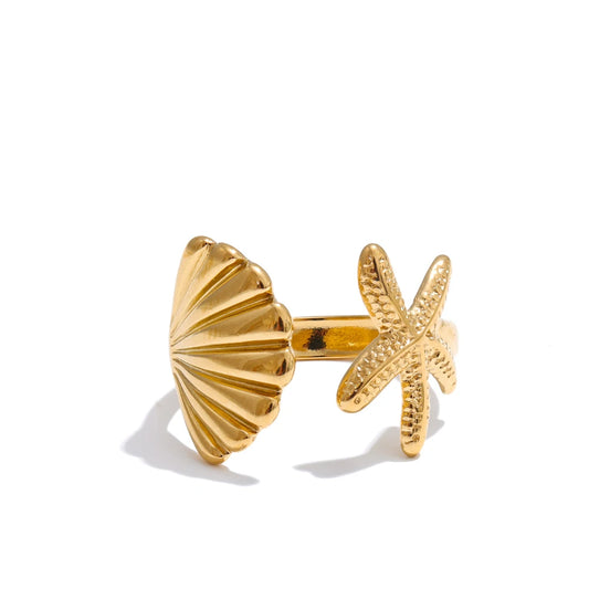Ocean Starfish Shell Adjustable Ring - Ecru