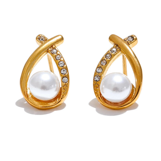 Premium Pearl Zircon Stud Earrings - Ecru
