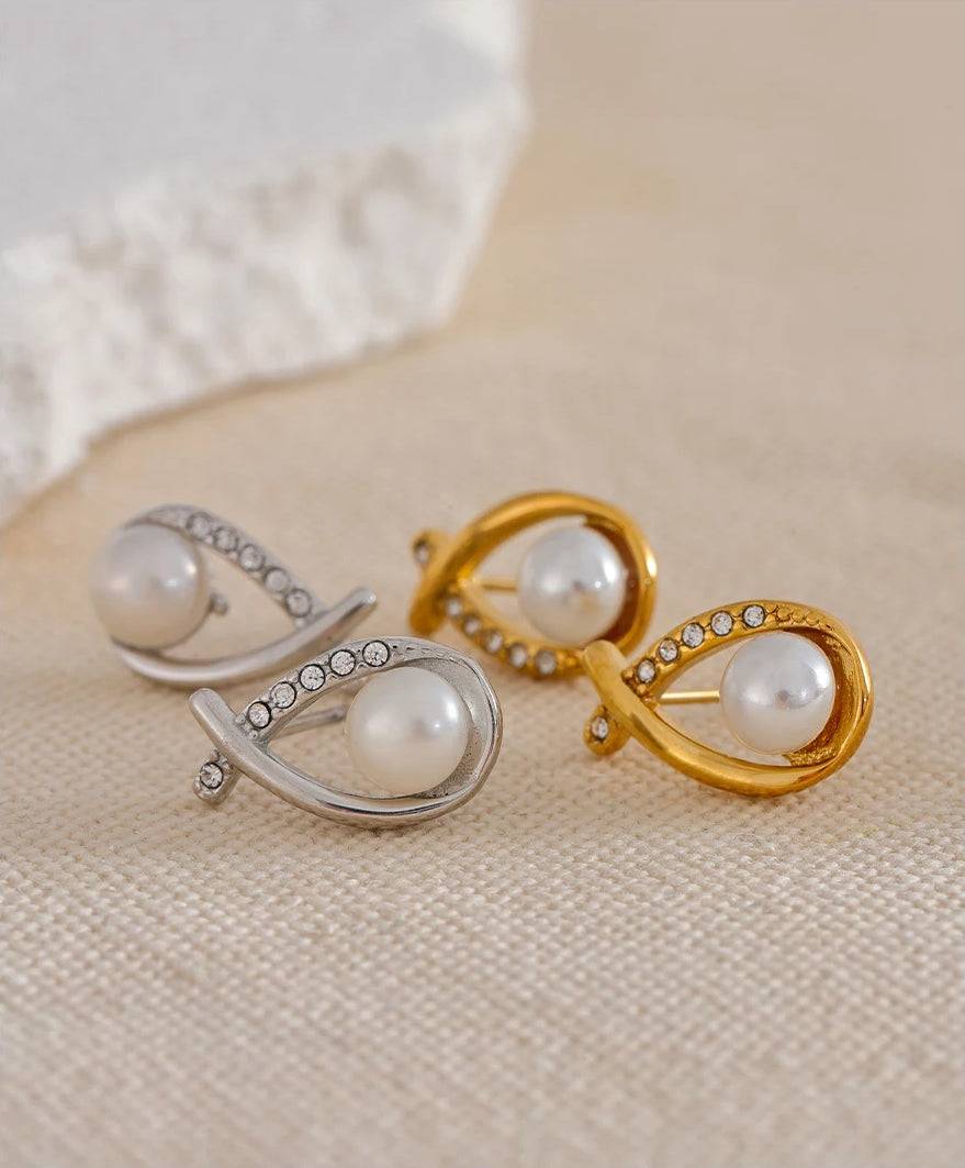 Premium Pearl Zircon Stud Earrings - Ecru