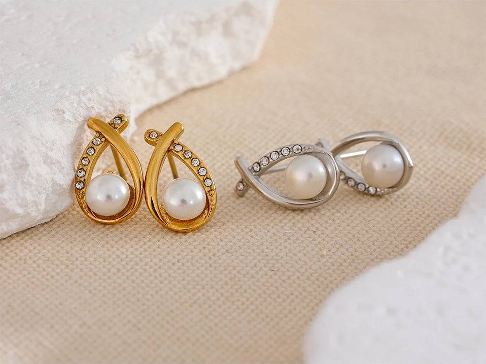 Premium Pearl Zircon Stud Earrings - Ecru