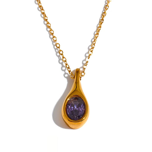 Purple Cubic Zirconia Water Drop Necklace - Ecru