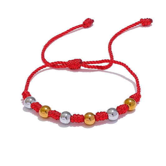 Red Rope Beaded Charm Bracelet - Ecru