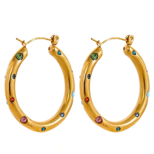Round Colorful Zirconia Hoop Earrings - Ecru