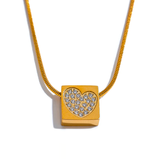Square Heart Zircon Pendant Necklace - Ecru