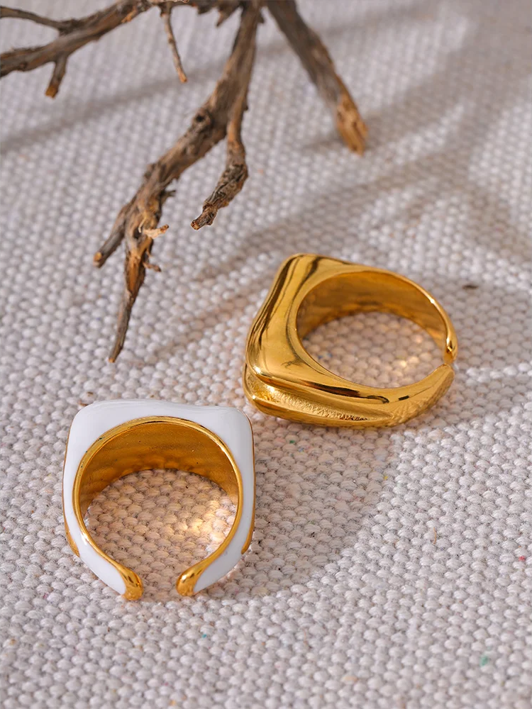 Statement White Enamel Geometric Ring - Ecru