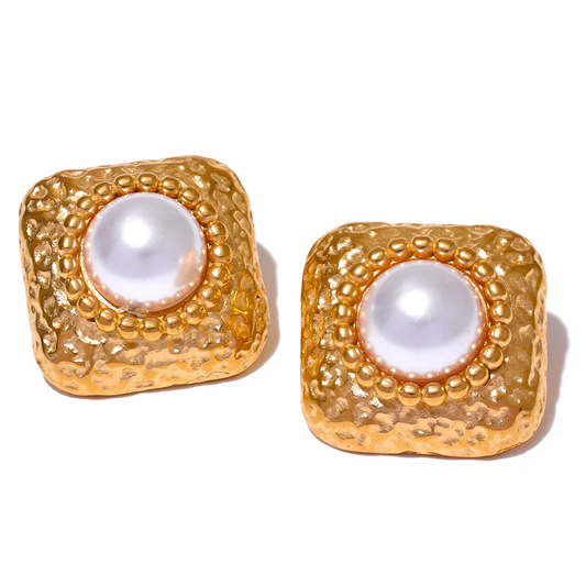 Vintage Imitation Pearls Square Earrings - Ecru