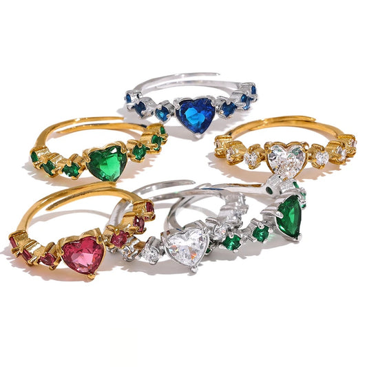 White Green Heart Adjustable Ring - Ecru