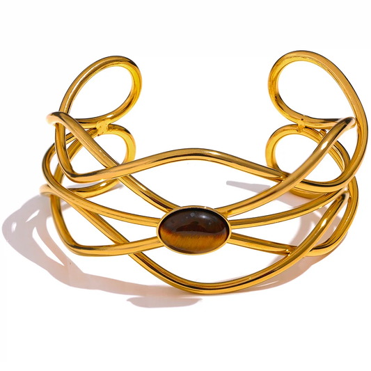Wide Open Cuff Tiger Stone Bracelet - Ecru